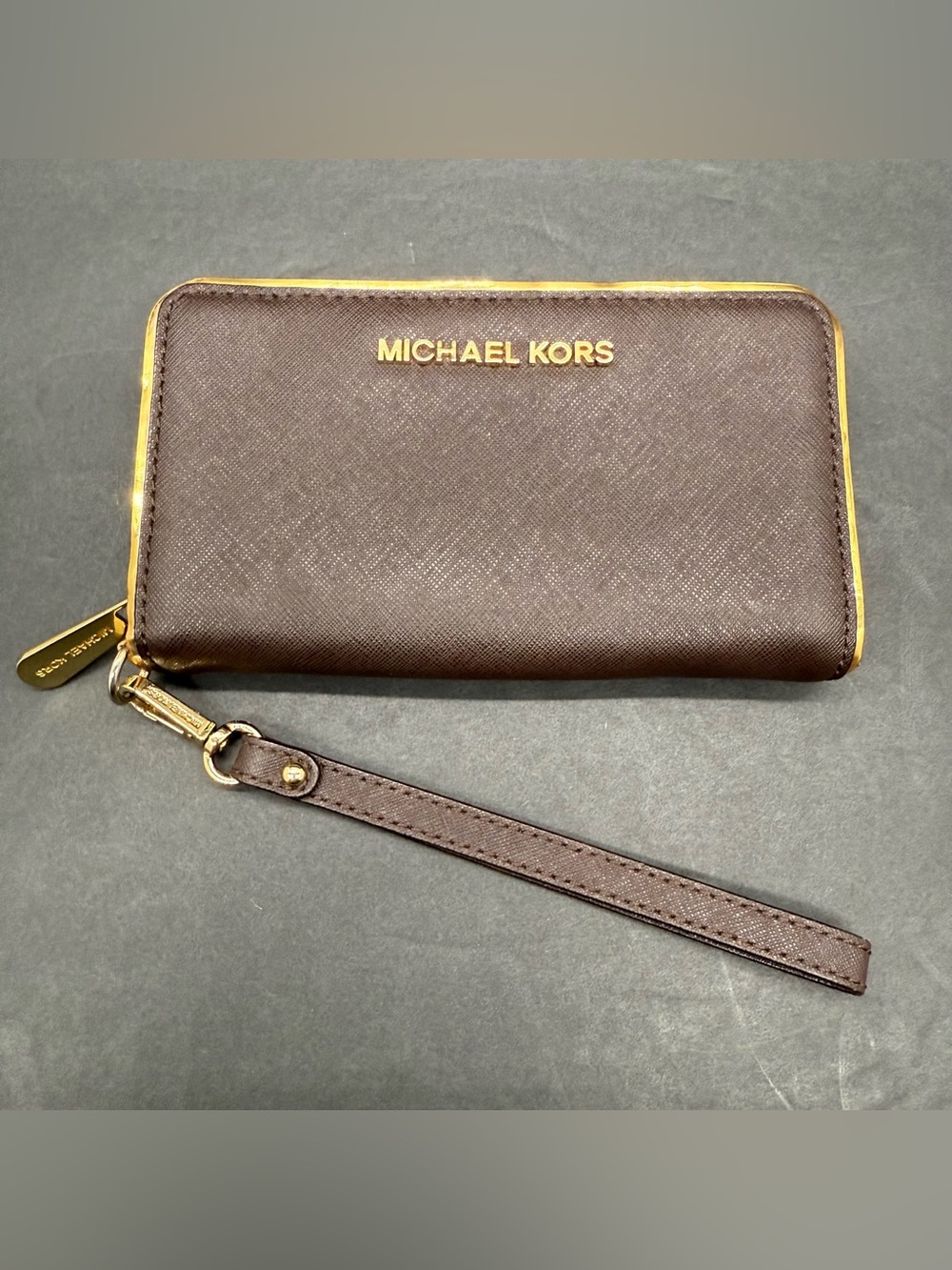 Michael Kors Chocolate Brown Saffiano Zip Wristlet with Gold Hardware